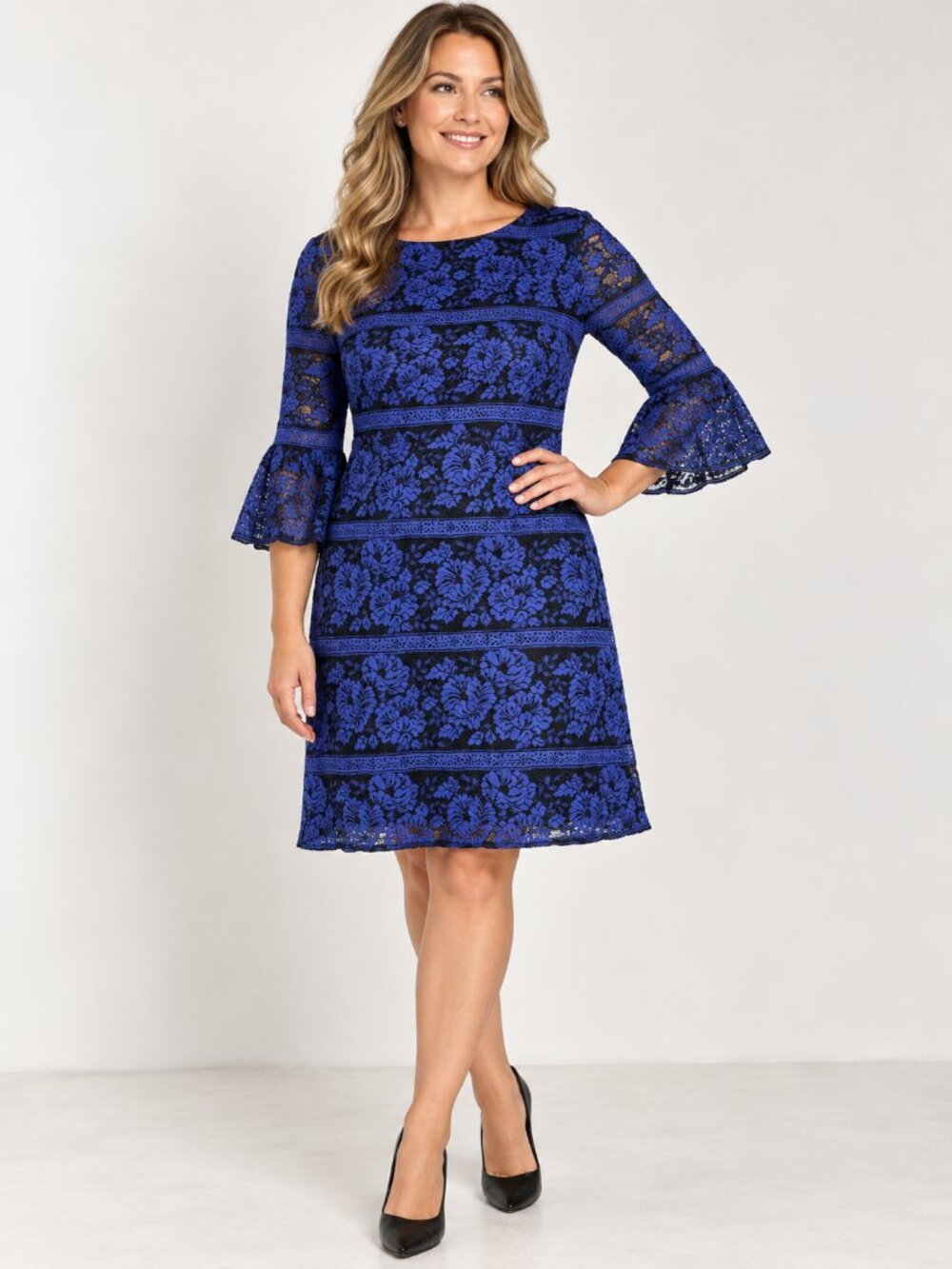 Eliza J Royal Blue Floral Lace Bell Sleeve Dress Size 10